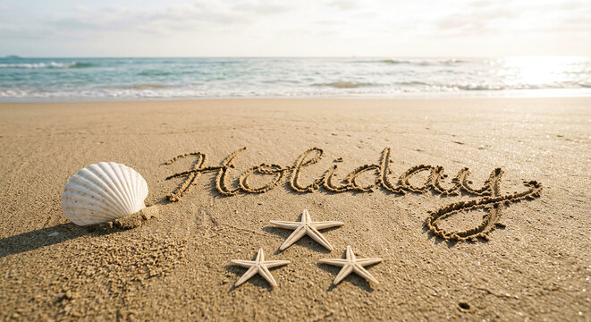 A serene beach scene featuring the word Holiday written in the golden sand accompanied by a white seashell and three starfish