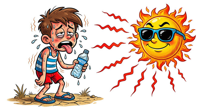 An exhausted young boy stands in the heat holding a bottle of water while a smiling sun with sunglasses shines down from above
