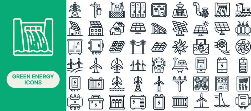 Green Energy Plant and Clean Power outline icon set. Featuring hydro dam, wind farm, solar plant, biomass, and geothermal symbols. Editable stroke vector icons for utilities and renewables.