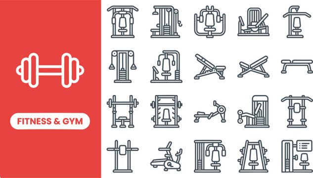 Fitness Equipment and Gym Machine outline icon set. Featuring weight bench, squat rack, leg press, lat pulldown, and cable cross symbols. Editable stroke vector icons for gym apps and trainer sites.
