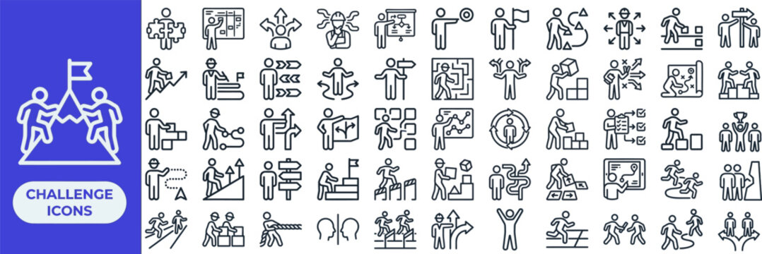 Challenge Mindset and Personal Growth outline icon set. Featuring grit climber, goal flag, focus arrow, persistence rock, and milestone symbols. Editable stroke vector icons for self help and coach.