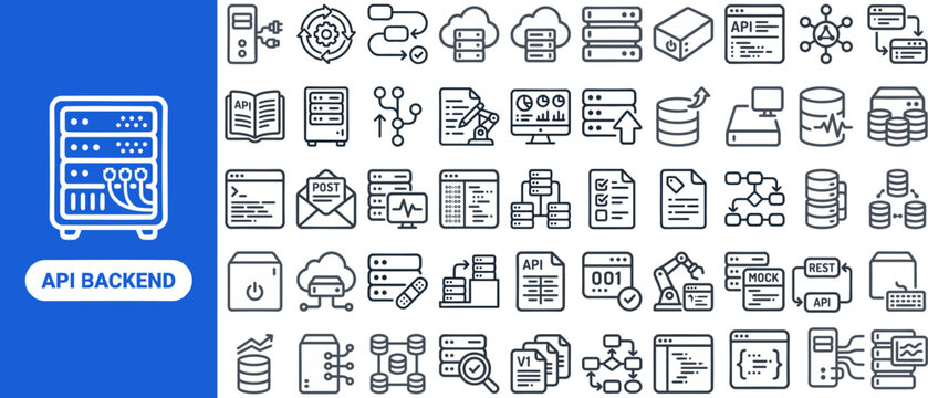 API Backend and Server Development outline icon set. Featuring database, server rack, endpoint, code block, and cloud node symbols. Editable stroke vector icons for developer apps and DevOps tools.