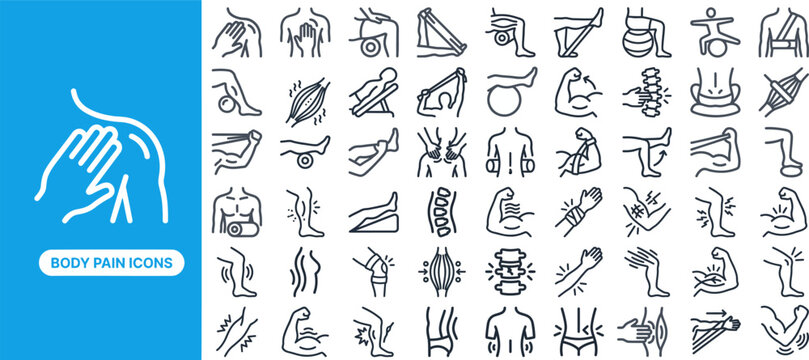 Body Pain and Anatomy outline icon set. Featuring headache, back pain, knee ache, joint pain, and shoulder injury symbols. Editable stroke vector icons for medical apps and physiotherapy sites.