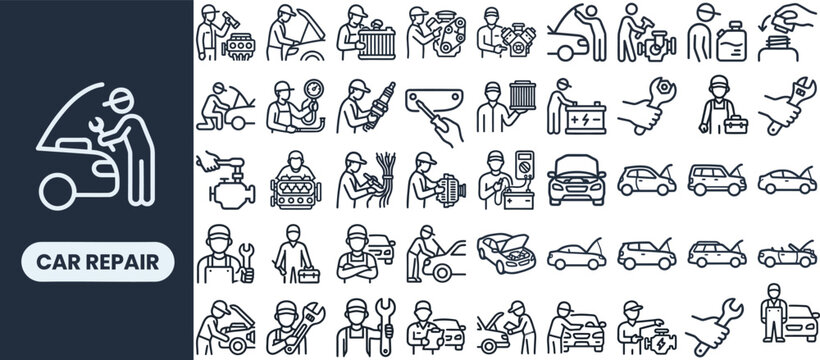 Car Repair and Auto Mechanic outline icon set. Featuring mechanic, garage lift, tire change, engine check, and toolbox symbols. Editable stroke vector icons for auto shops and repair services.
