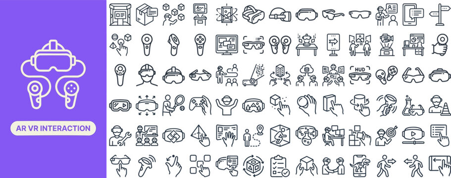 AR and VR Interaction outline icon set. Featuring AR headset, VR goggles, hologram, motion control, and avatar symbols. Editable stroke vector icons for XR apps and immersive tech sites.