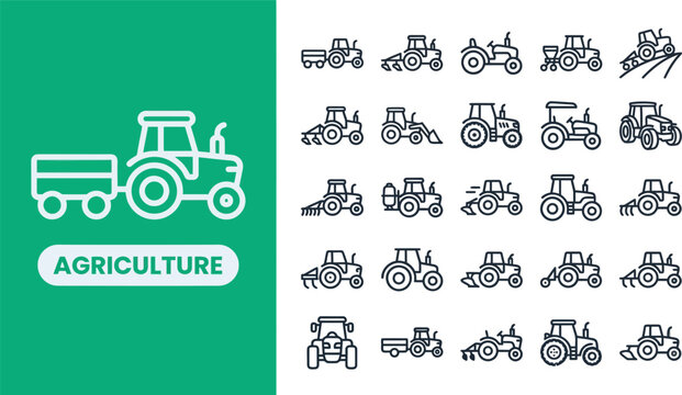 Agriculture Machinery and Tractor outline icon set. Featuring tractor, plow, harvester, seeder, and combine symbols. Editable stroke vector icons for farm equipment and machinery rental sites.