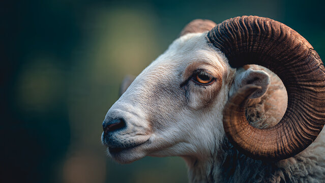 Close-up of a male Garut sheep with large curved horns, facing slightly to the side. Detailed fur texture and horn surface, a featured sheep. Clear space for text.