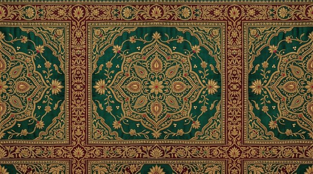 Intricate traditional floral pattern on green fabric