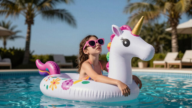 Fillette aux lunettes de soleil roses flottant sur une bou&eacute;e licorne dans la piscine, ambiance vacances relax et zen