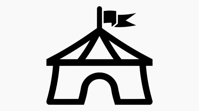 A black and white graphic icon of a circus tent with a flag on top symbolizes a festive gathering or event.