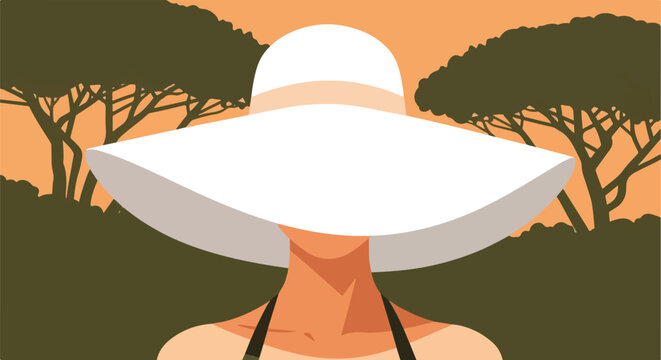 woman with her face elegantly hidden by a wide-brimmed white sun hat, set against a warm orange sky and silhouettes of Mediterranean umbrella pine trees