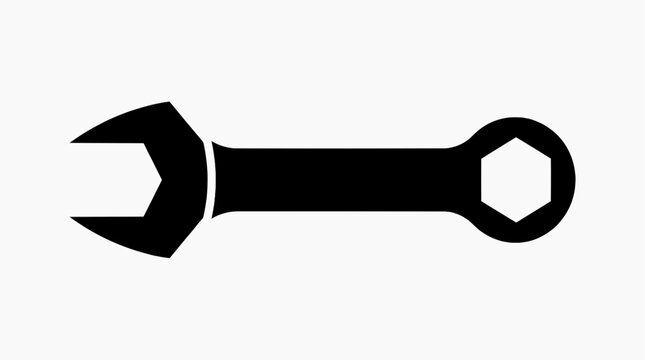 A black silhouette of a combination wrench, a common tool for tightening and loosening nuts and bolts, against a simple backdrop.