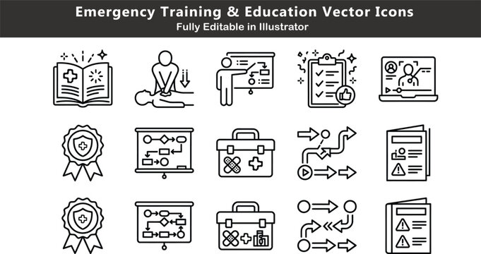 World First Aid Day Emergency Training Education Vector Icon Sheet CPR Practice Certification Learning System Instruction Manual Minimal Flat Infographic Set