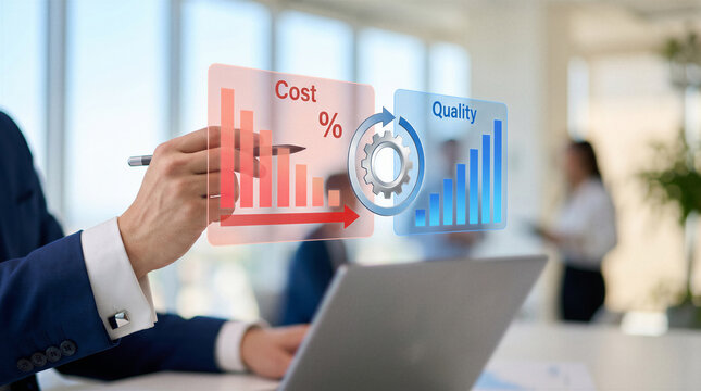 Cost Quality Analysis, Businessman Holding Transparent Charts Showing Cost and Quality Comparison Data Representing Business Performance Strategy and Decision Making
