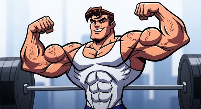 Muscular man flexing his biceps strongly.