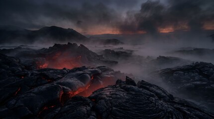 Fototapeta premium Dramatic Volcanic Landscape with Glowing Molten Lava Flowing Under Dark Stormy Skies