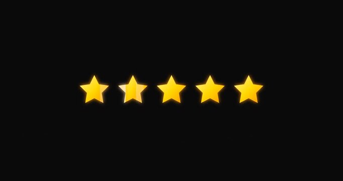 Five golden stars rating animation popping up and shining on a black background, customer review UI element