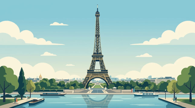 Eiffel Tower Paris France illustration Seine River cityscape