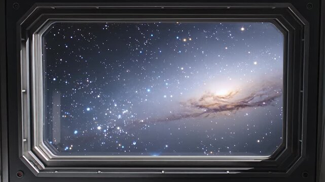 View of a distant spiral galaxy through a spaceship porthole window