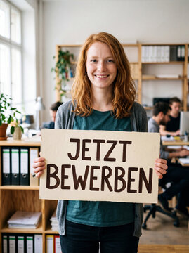 L&auml;chelnde junge Frau mit roten Haaren h&auml;lt Karton Schild Jetzt Bewerben im B&uuml;ro mit Aktenordnern &ndash; authentisches Office Recruiting