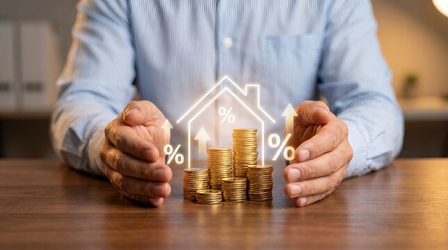 Conceptual image of hands protecting rising house prices and real estate investment growth with financial coins