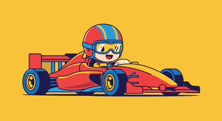 Fototapeta premium Cartoon Racer Kid in Formula 1 Car on Yellow Background.