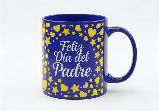 Purple mug with 'feliz dia del padre' and yellow stars hearts isolated on white background