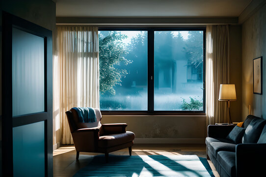 Cozy living room beside a rain-streaked window