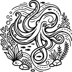 Fototapeta premium Circular underwater scene with octopus seaweed fish and swirling water currents.