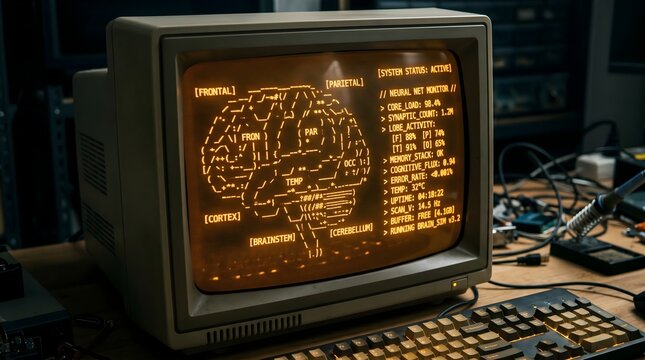 ASCII Terminal Brain: A glowing amber terminal screen displaying an ASCII-art human brain diagram, monospaced tech parameters running on the side.