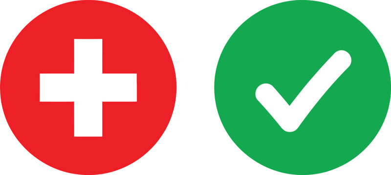 Red cross and green check mark icons representing right and wrong or true and false choice options for web design Vector