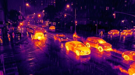 Obraz premium Thermal Camera Traffic: A high-contrast infrared thermal image of cars passing through a rainy city intersection at night, showing heat signatures in bright yellow, orange, and purple.