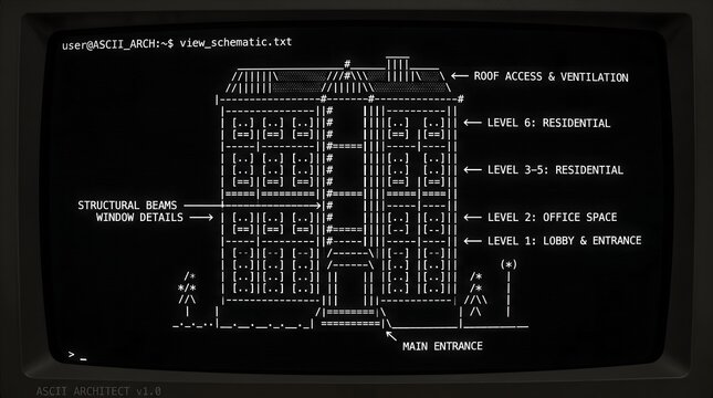 ASCII Architecture: A monochromatic white command-line interface showing a building schematic rendered in ASCII characters, monospaced layout.