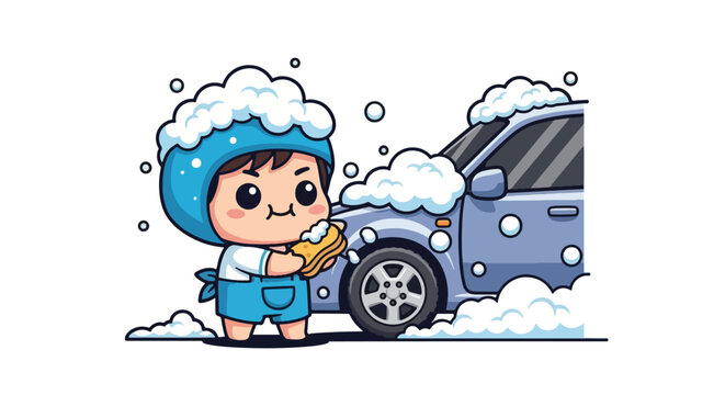 Cute Child Washing Car Snowy Bubbles Fun Summer Activity.