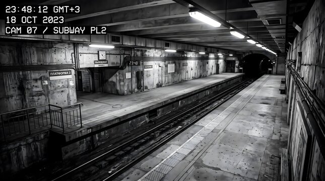 CCTV Subway View: Gritty, high-contrast monochrome still from a surveillance camera overlooking an empty brutalist concrete subway platform at night, with digital timestamp overlay.
