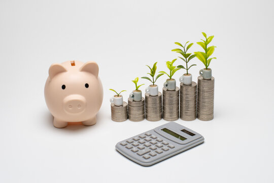 ぶたの貯金箱と電卓と積み上がるコインで増える貯金のイメージ