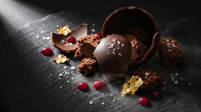 Postre gourmet esfera chocolate deconstruido oro comestible piedra volc&aacute;nica