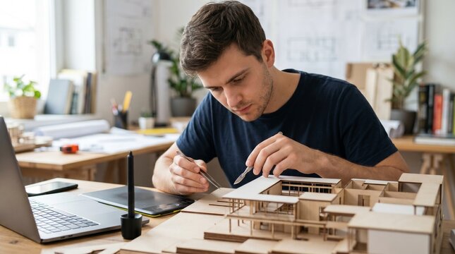 Arquitecto detallando maqueta estructural en estudio creativo luminoso