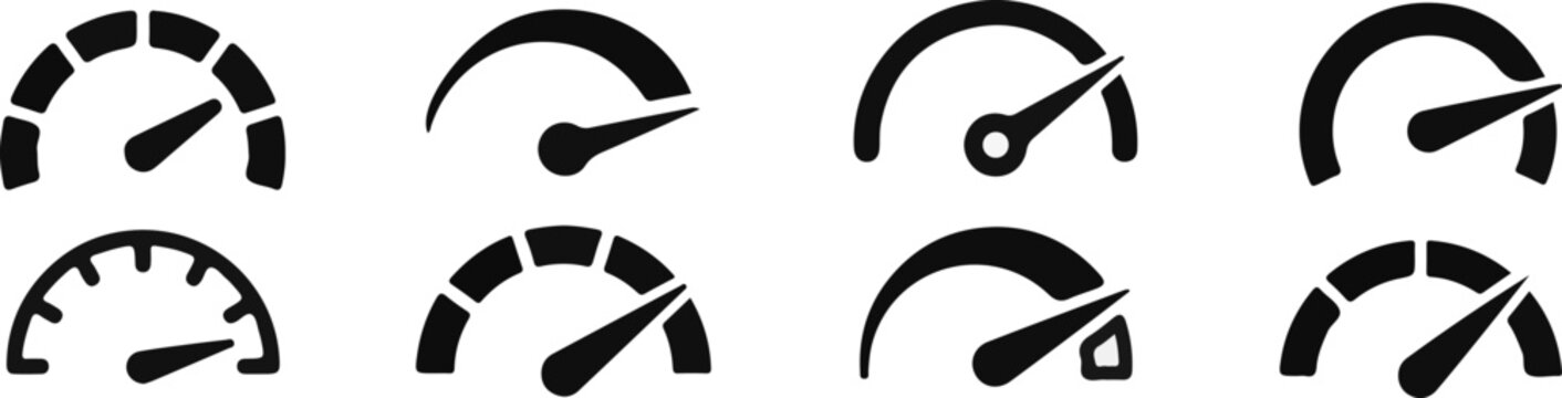 black silhouette speedometer and gauge icon set with needle, dial and performance meter vector clip art