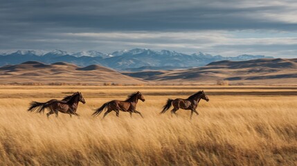 Fototapeta premium Three horses gallop through golden prairie grass towards distant, snow-capped mountains under a dramatic sky