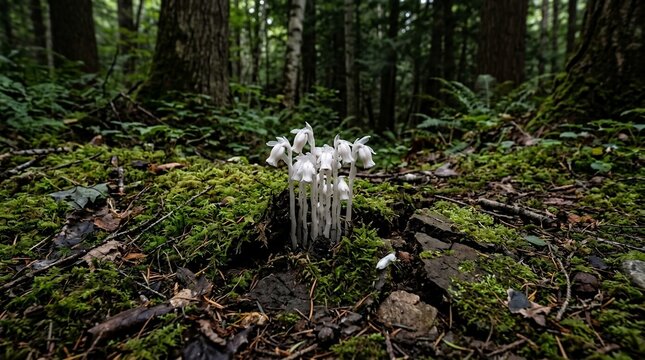 Ghost Pipe Flowers Emerge from Mossy Forest Floor in Eerie Woodland Scene.