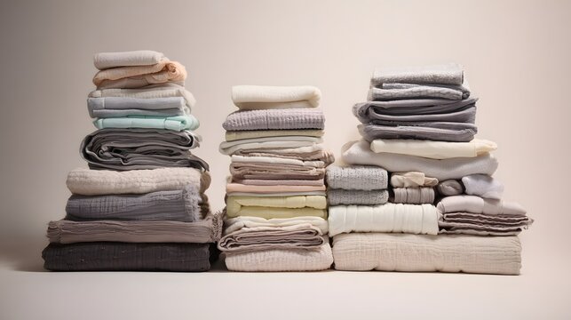 neat stack of folded clothes sits on a wooden surface. Organized laundry pile featuring assorted colorful textiles and denim. Minimalist home organization and domestic housework routine concept.