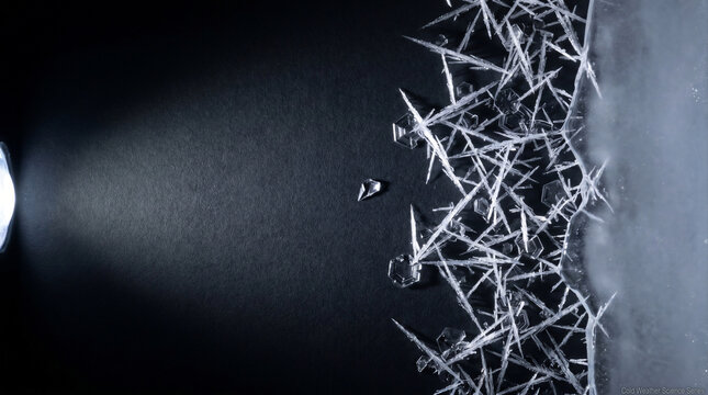 Needle‑Like Frost Crystals Growing from Ice Edge onto Dark Substrate &ndash; Molecular Frost Edge &ndash; Crystalline Growth Macro &ndash; Clinical‑Cold Side Hard LED