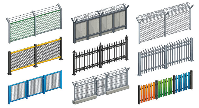 assorted fences and barriers isometric vector illustration