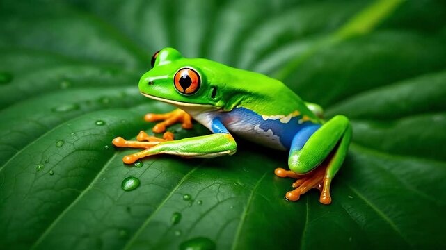 A vibrant green frog with striking red eyes rests on a lush, dewy leaf.