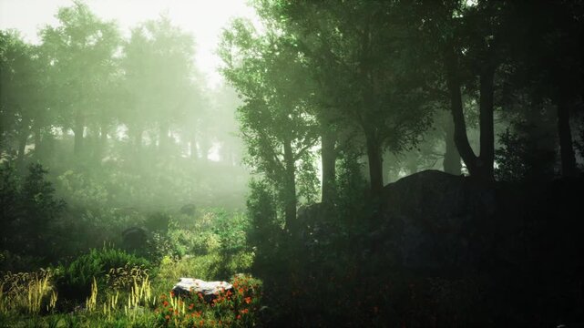 Dense green undergrowth shrouded in mist, glossy leaves catching diffuse light, humid atmosphere, rich textures ideal for eco and botanical content.