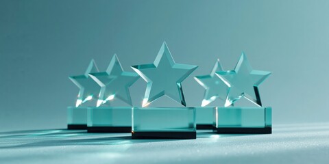 Obraz premium Three glass star awards positioned on reflective base studio