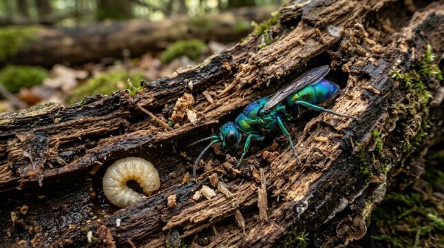 Metallic Green Cuckoo Wasp and Larva in Decaying Wood.