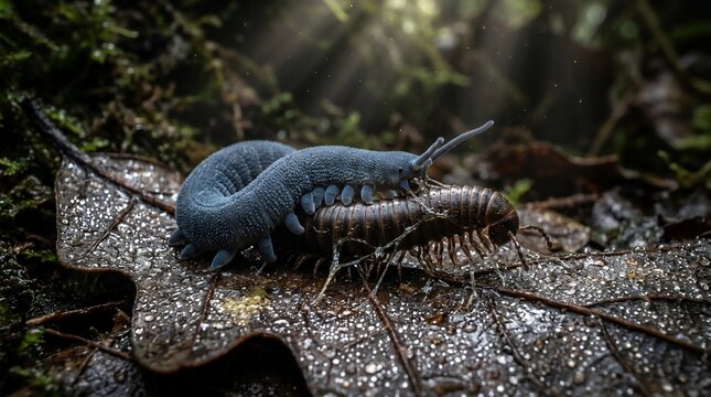 Blue Slug and Millipede on Forest Floor.