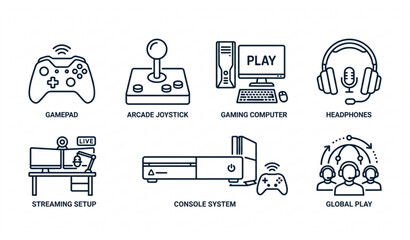 Gaming and Esports Outline Icons Vector Pack with Gamepad Console and PC Symbols © Nobab